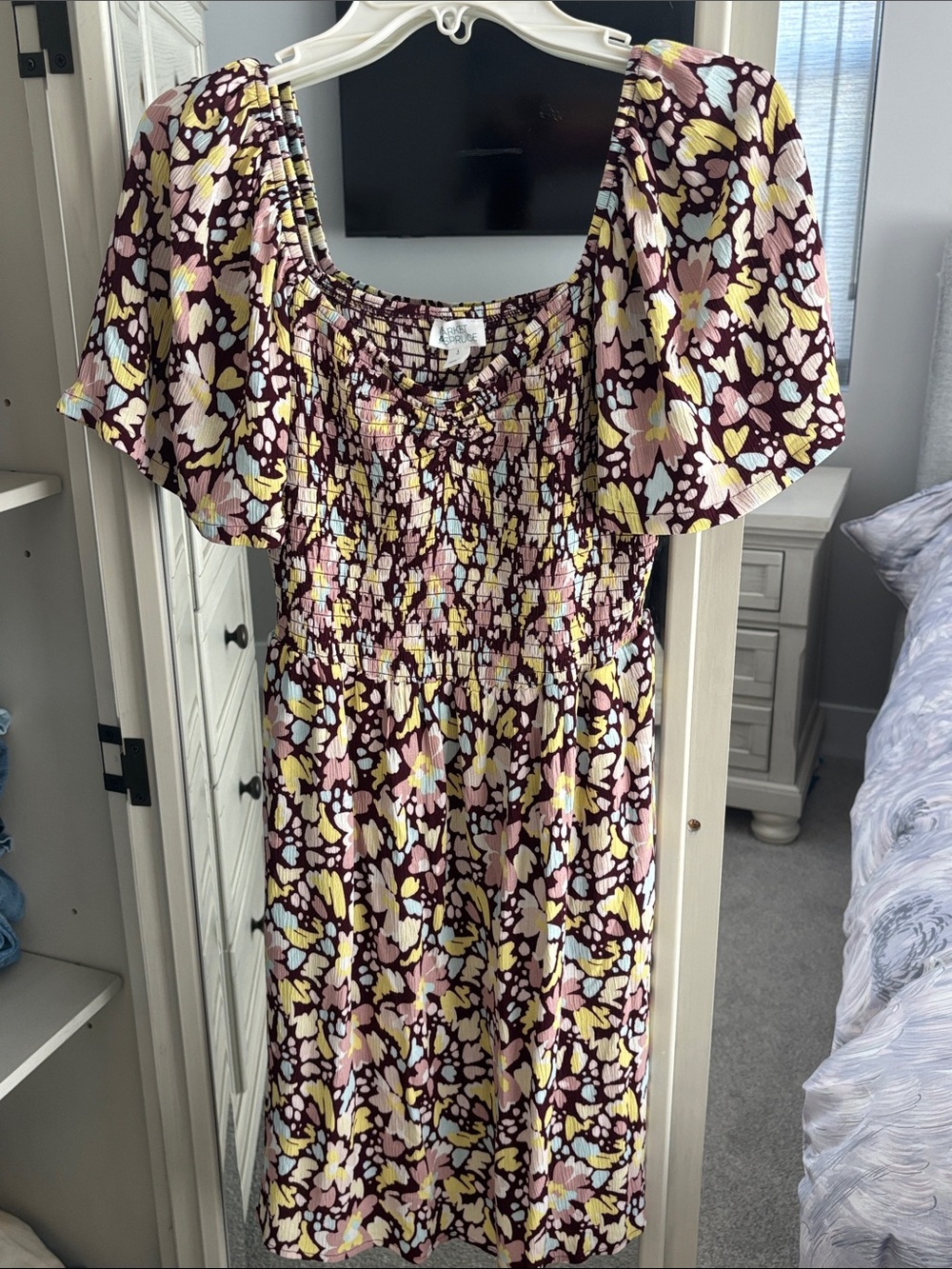Market & Spruce Plum Floral Smocked Midi Dress with Pastel Accents